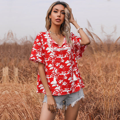 Damen Bluse Florales Muster V-Ausschnitt Elegante Bluse - Eveloria