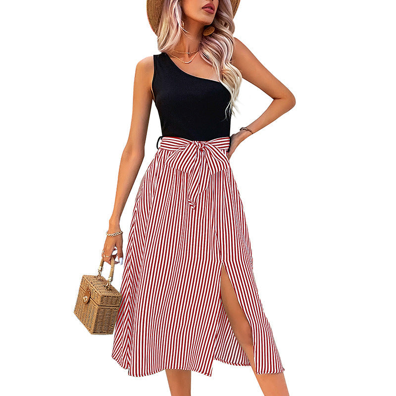 Damen Wickelkleid Asymmetrischer Saum Streifenmuster