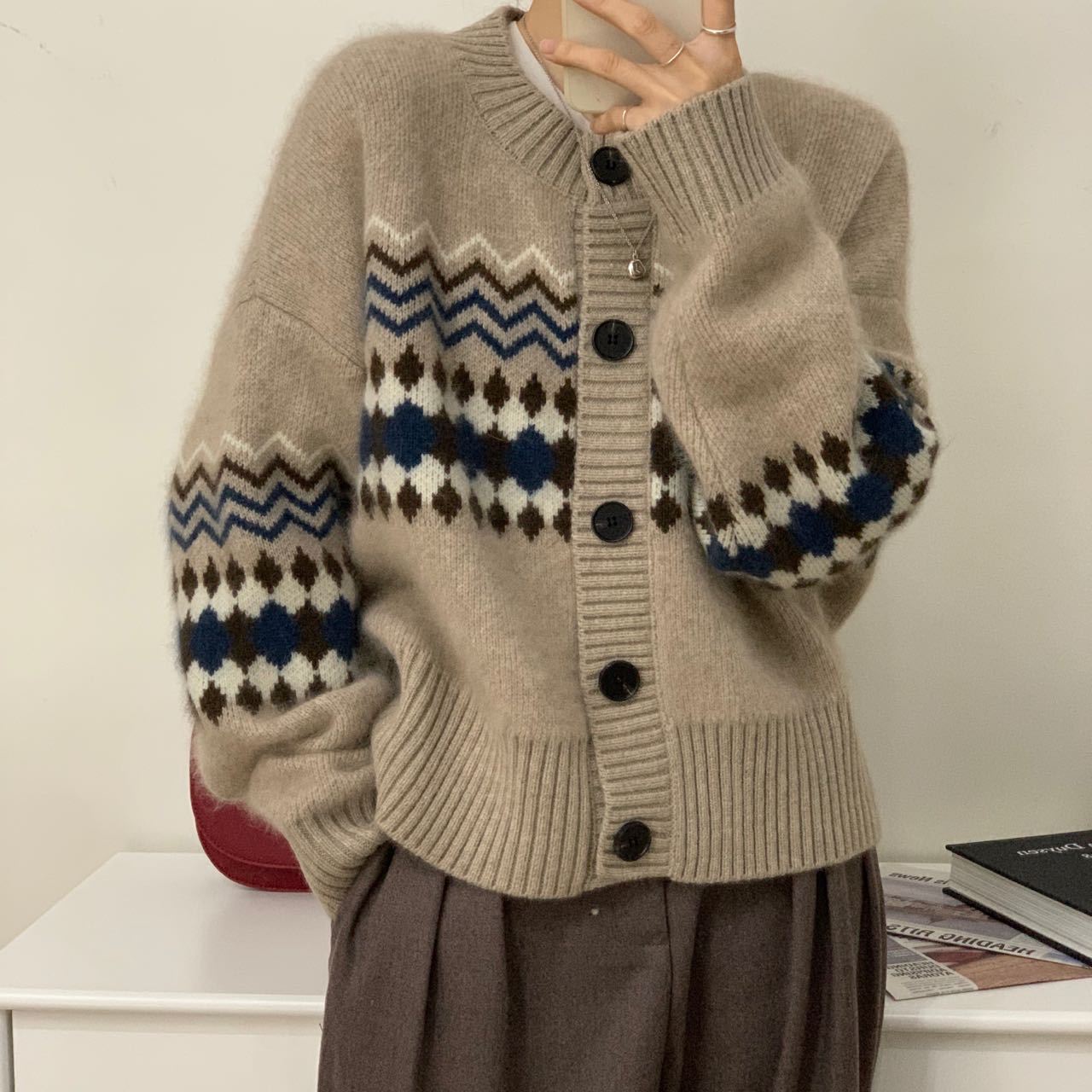 Damen Strickcardigan Kuschelig Ornamente Beige