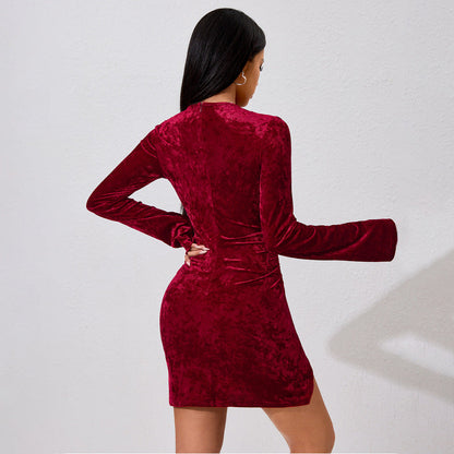 Damen Samt Minikleid Langer Ärmel Cut-Out