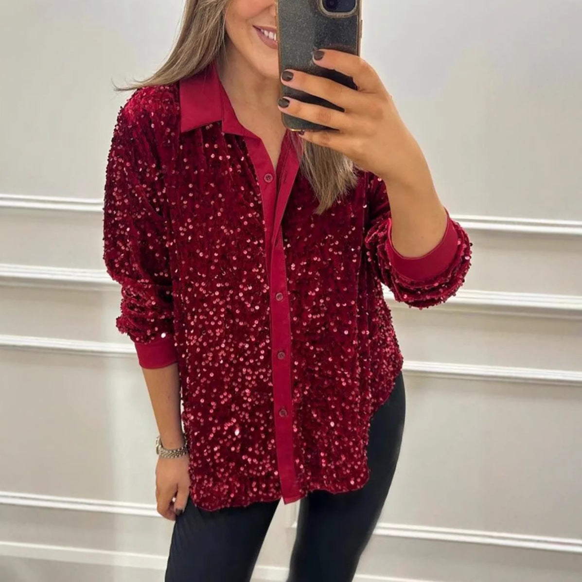 Damen Paillettenbluse Klassischer Kragen Langer Ärmel Glitzer Effekt - Eveloria
