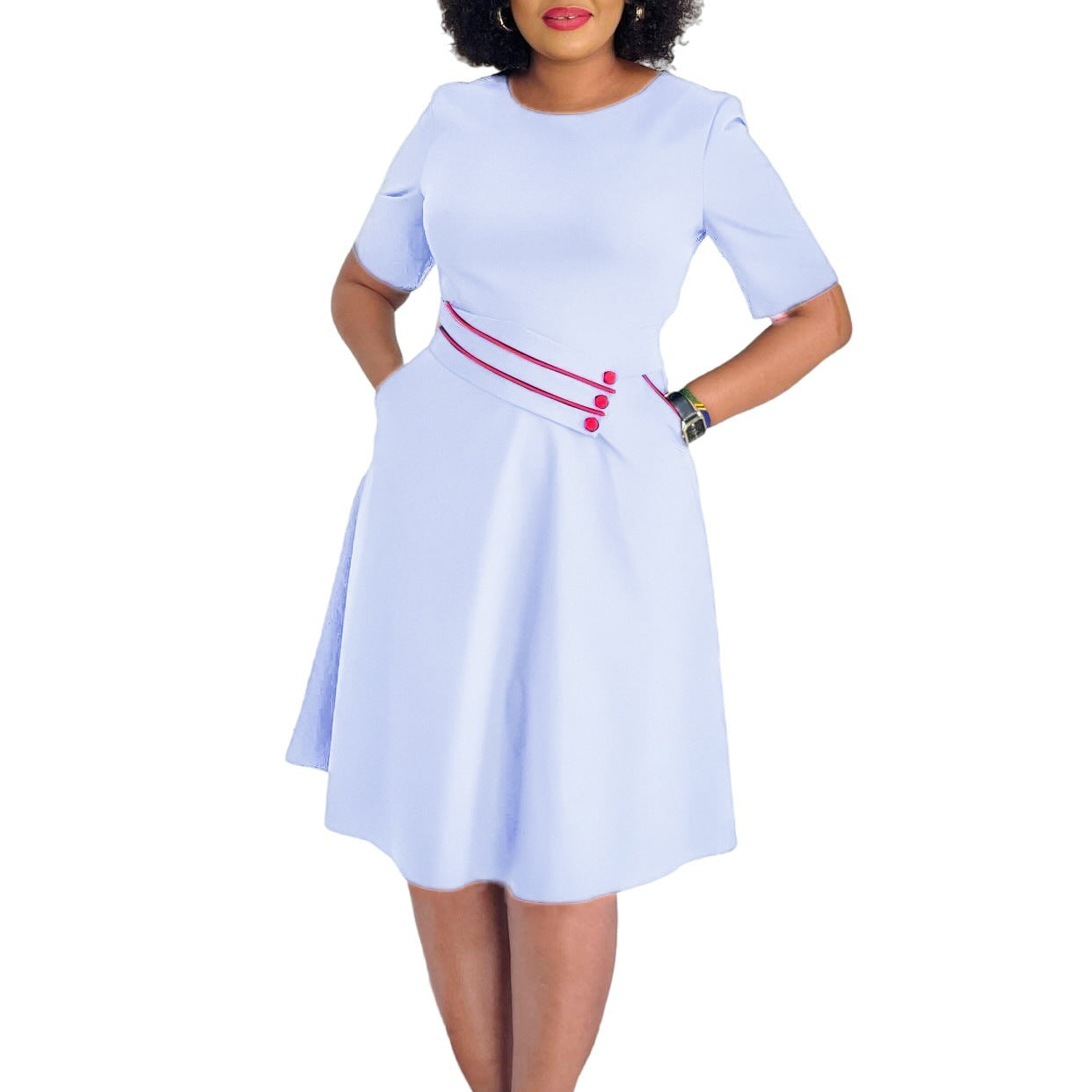 Damen A-Linien Kleid Gürtel Knopf Details Eveloria