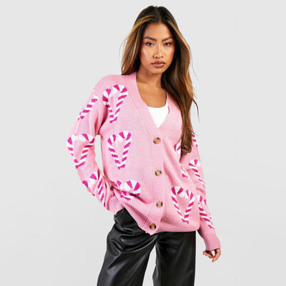 Damen Cardigan mit Zuckerstangen-Muster Rosa - Eveloria
