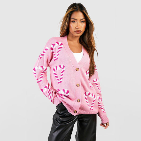 Damen Cardigan mit Zuckerstangen-Muster Rosa - Eveloria