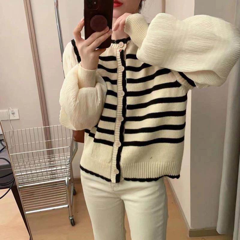 Damen Strickjacke Voluminöse Ärmel Gestreift