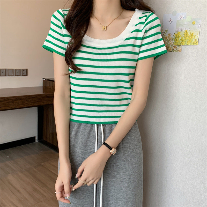 Damen Cropped Oberteil Streifen Elastisch Modern Knoten-Design Weiss