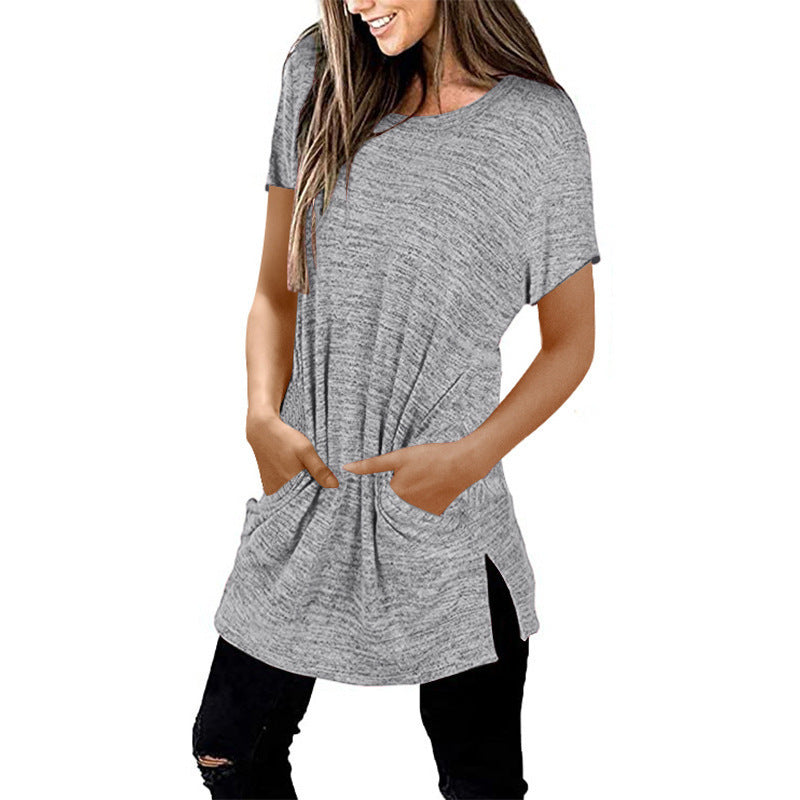 Damen Langarm-Tunika mit Seitentaschen Asymmetrischer Saum