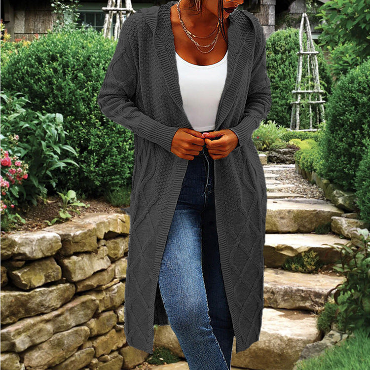 Damen Strickcardigan Lang Hochkragen Zopfmuster Beige