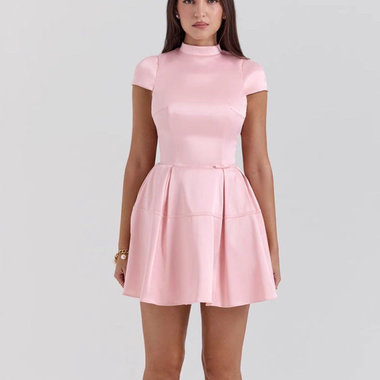 Damen Elegantes Kurzkleid mit Faltenrock und Stehkragen Schwarz - Eveloria