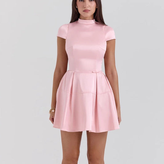 Damen Elegantes Kurzkleid mit Faltenrock und Stehkragen Schwarz - Eveloria