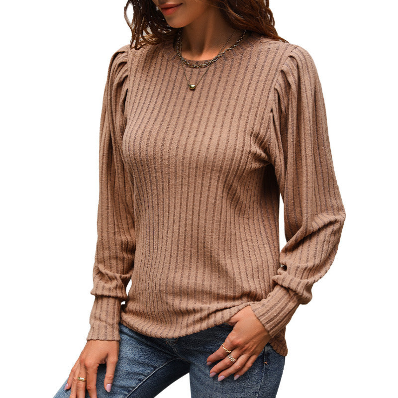 Damen Strickpullover Rippenmuster Puffärmel Eveloria