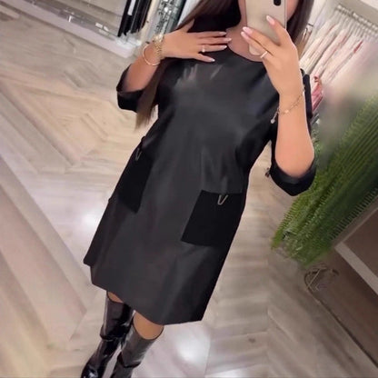 Damen Lederkleid Elegantes Design Reißverschlusstaschen