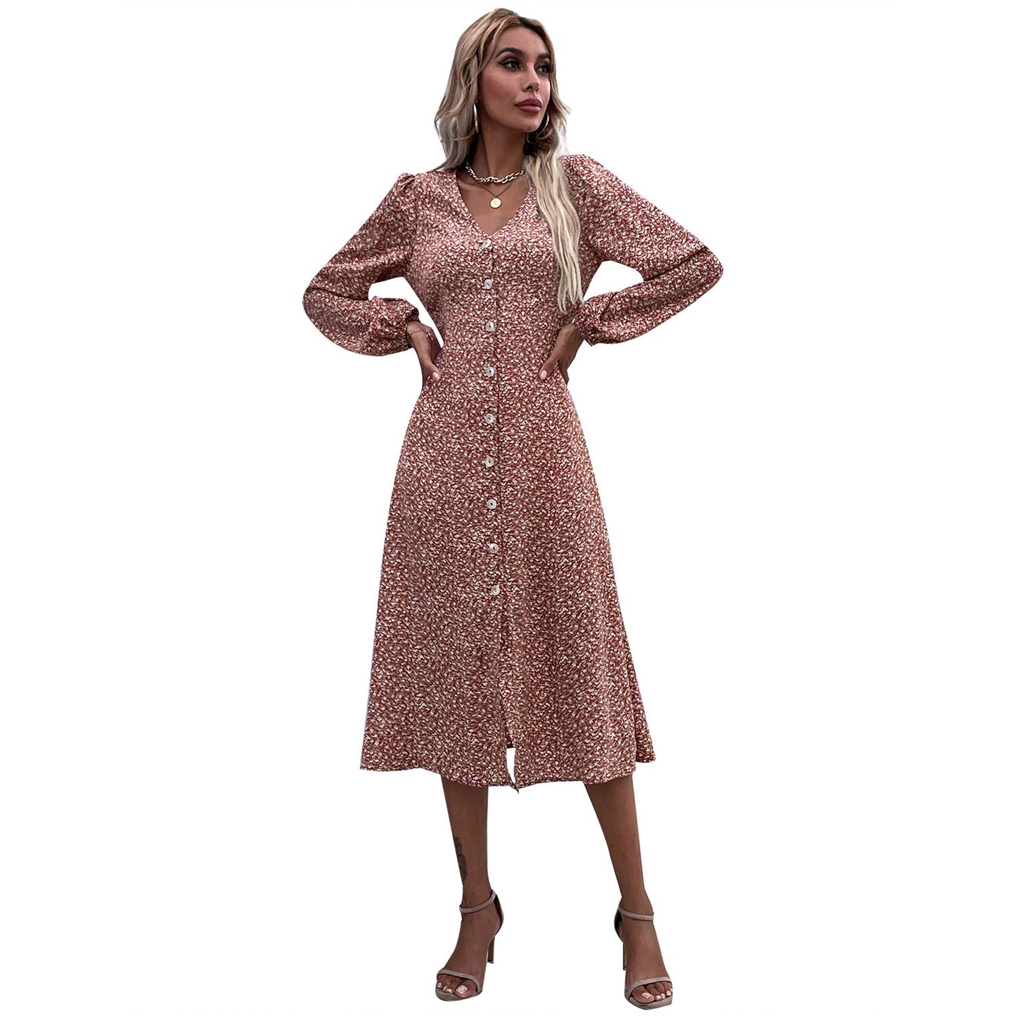 Damen Midi-Kleid Floralmuster Knöpfe Eveloria