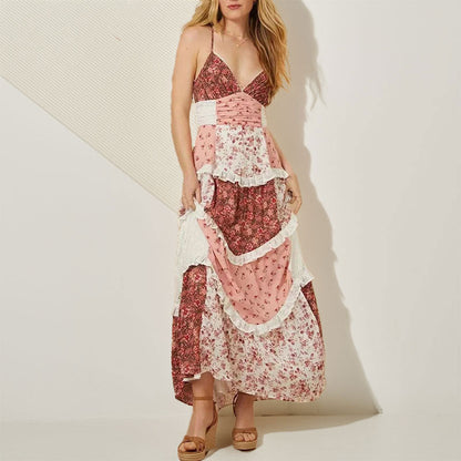 Damen Maxikleid Rüschen Florales Patchwork Design