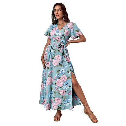 Damen Maxikleid Floralmuster Elegante Wickeloptik