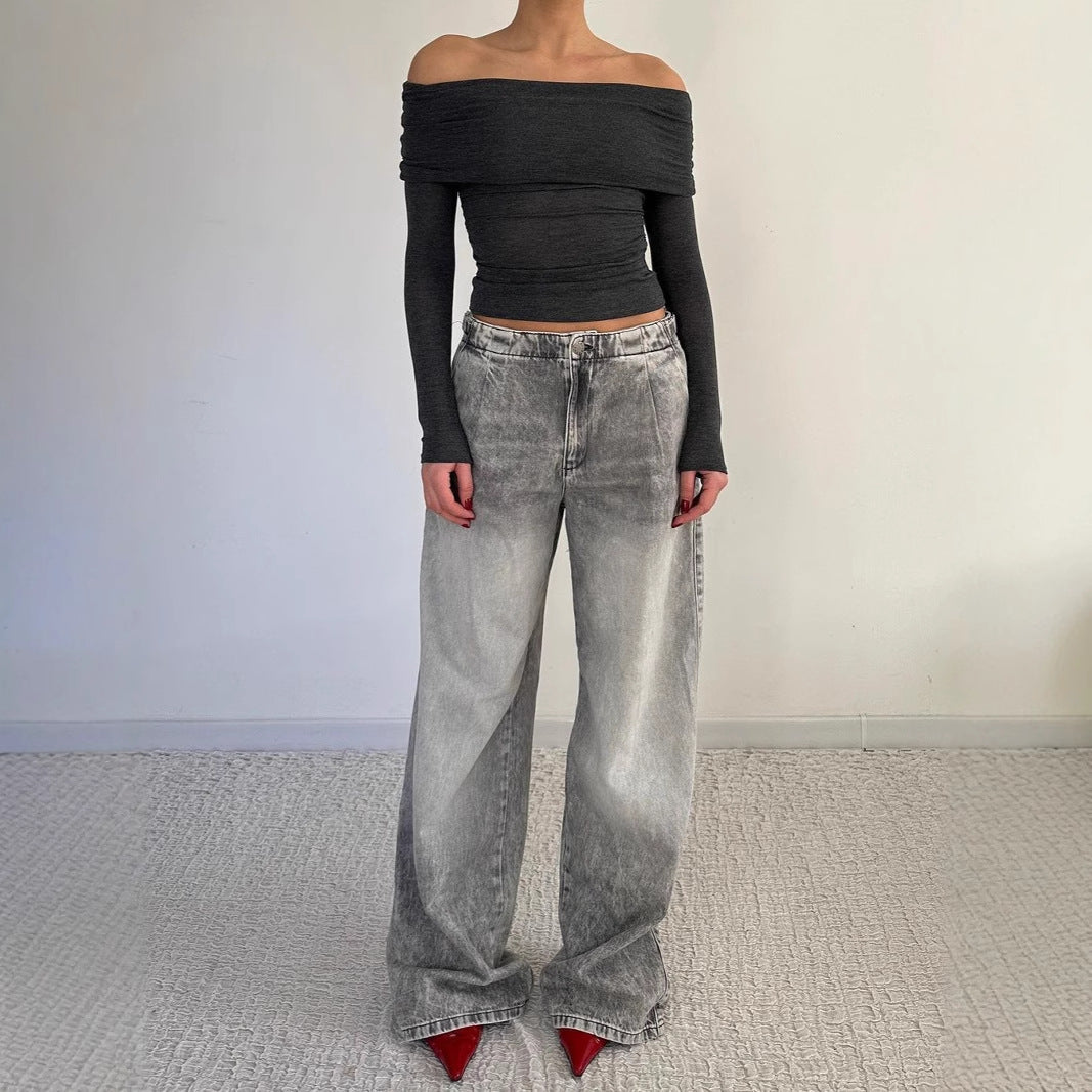 Damen Weite Jeans Lässig Blau Eveloria