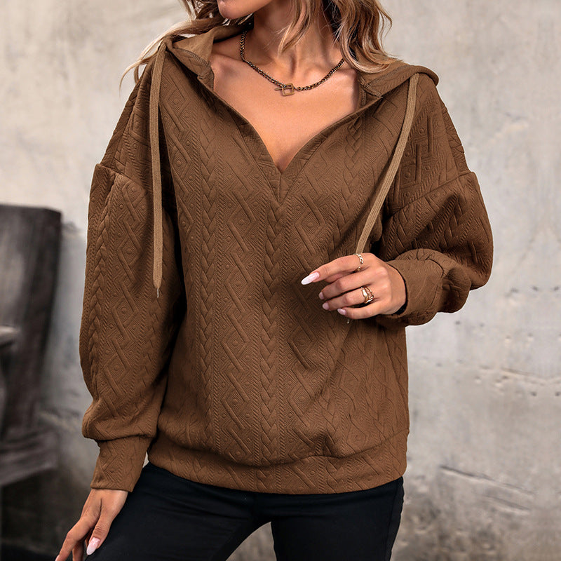 Damen Hoodie Strukturiertes Muster V-Ausschnitt Bequem Grau Eveloria