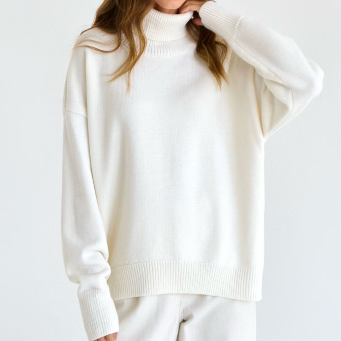 Damen Oversized Rollkragenpullover Gestrickt Basic Beige