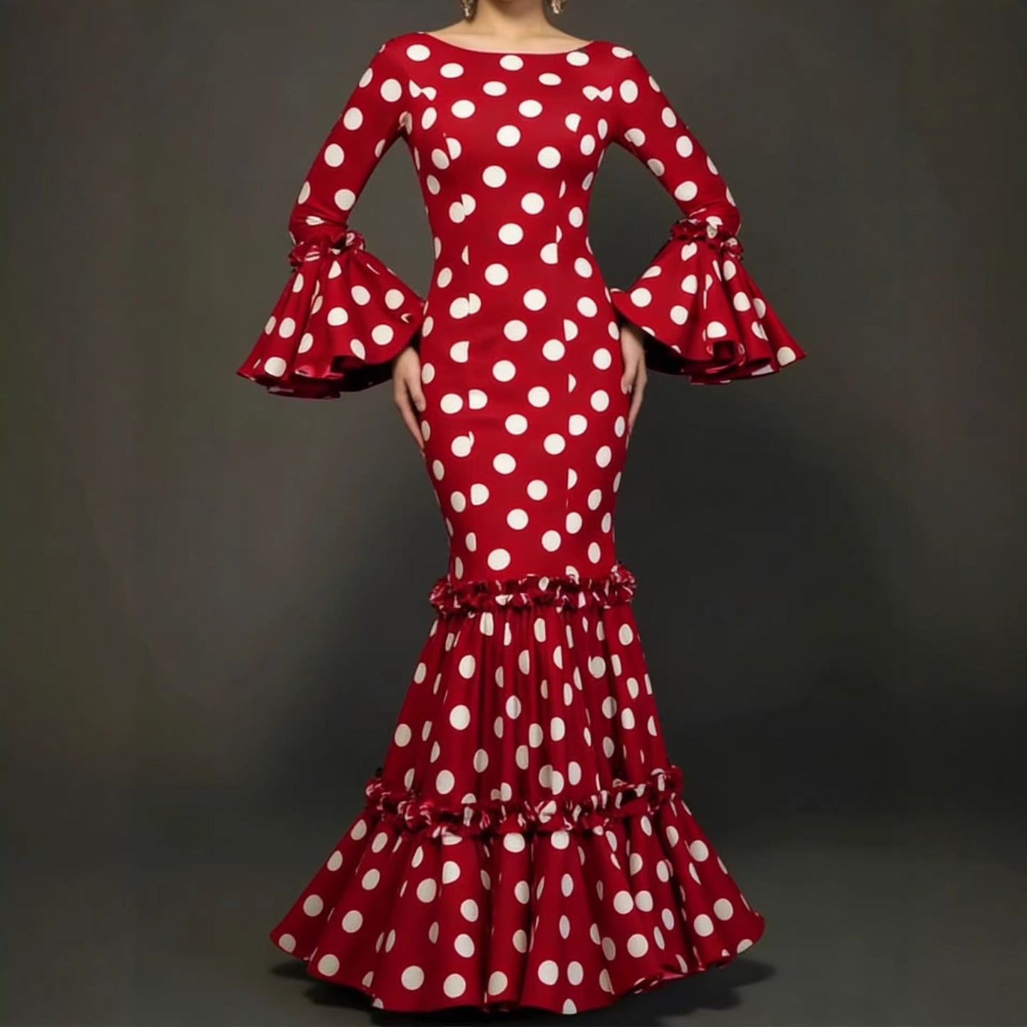 Damen Maxikleid mit Volant und Polka-Dots