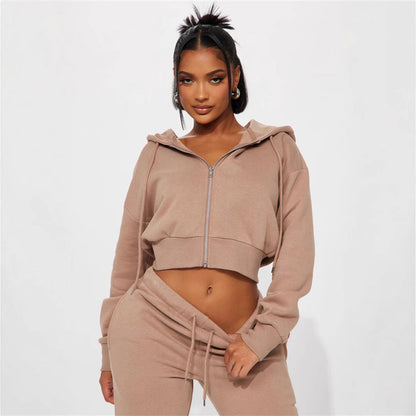 Damen Sweatset Cropped Hoodie Weite Hose Grau