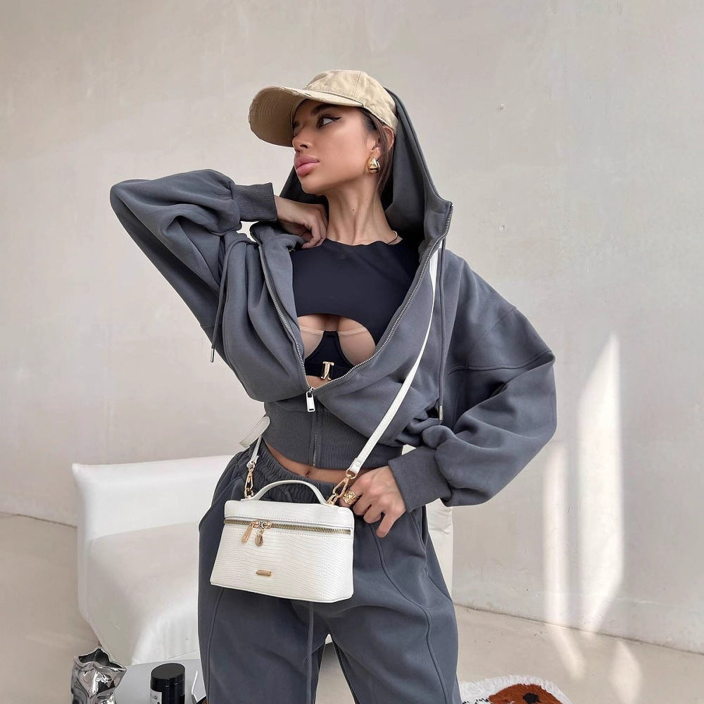 Damen Freizeit-Set Cropped Kapuzenjacke Weite Hose Eveloria