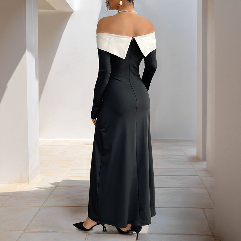 Damen Maxi-Kleid Off-Shoulder mit seitlichem Schlitz und langen Ärmeln
