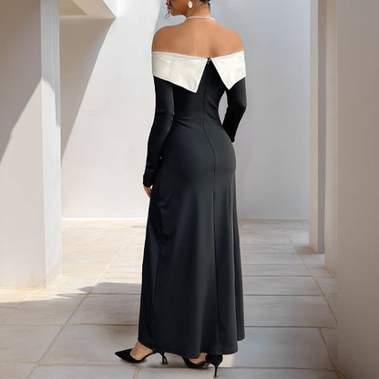 Damen Maxi-Kleid Off-Shoulder mit seitlichem Schlitz und langen Ärmeln