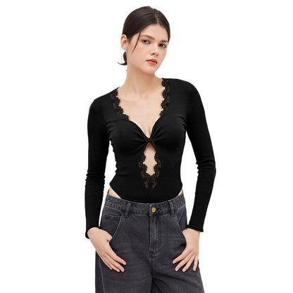 Damen Bodysuit V-Ausschnitt Spitze Eveloria