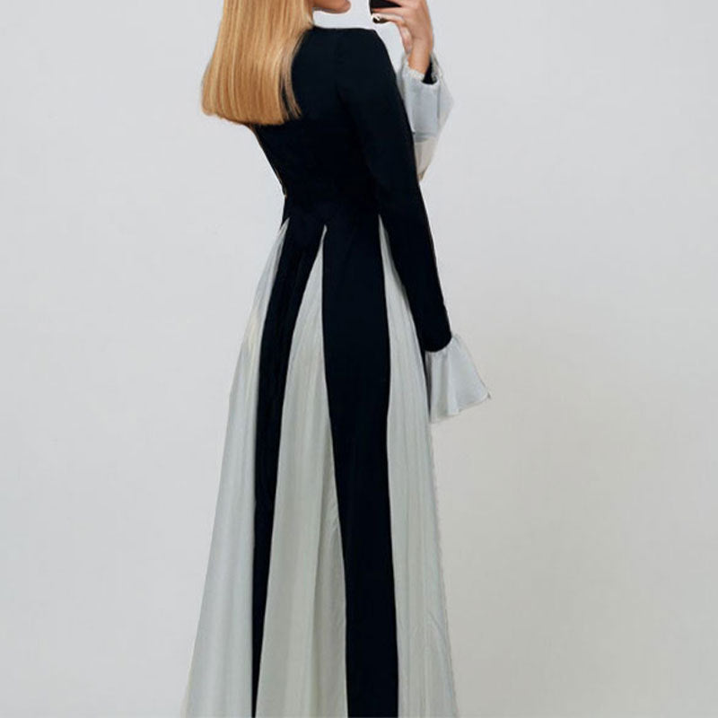 Damen Maxikleid mit Trompetenärmeln und Farbkontrast