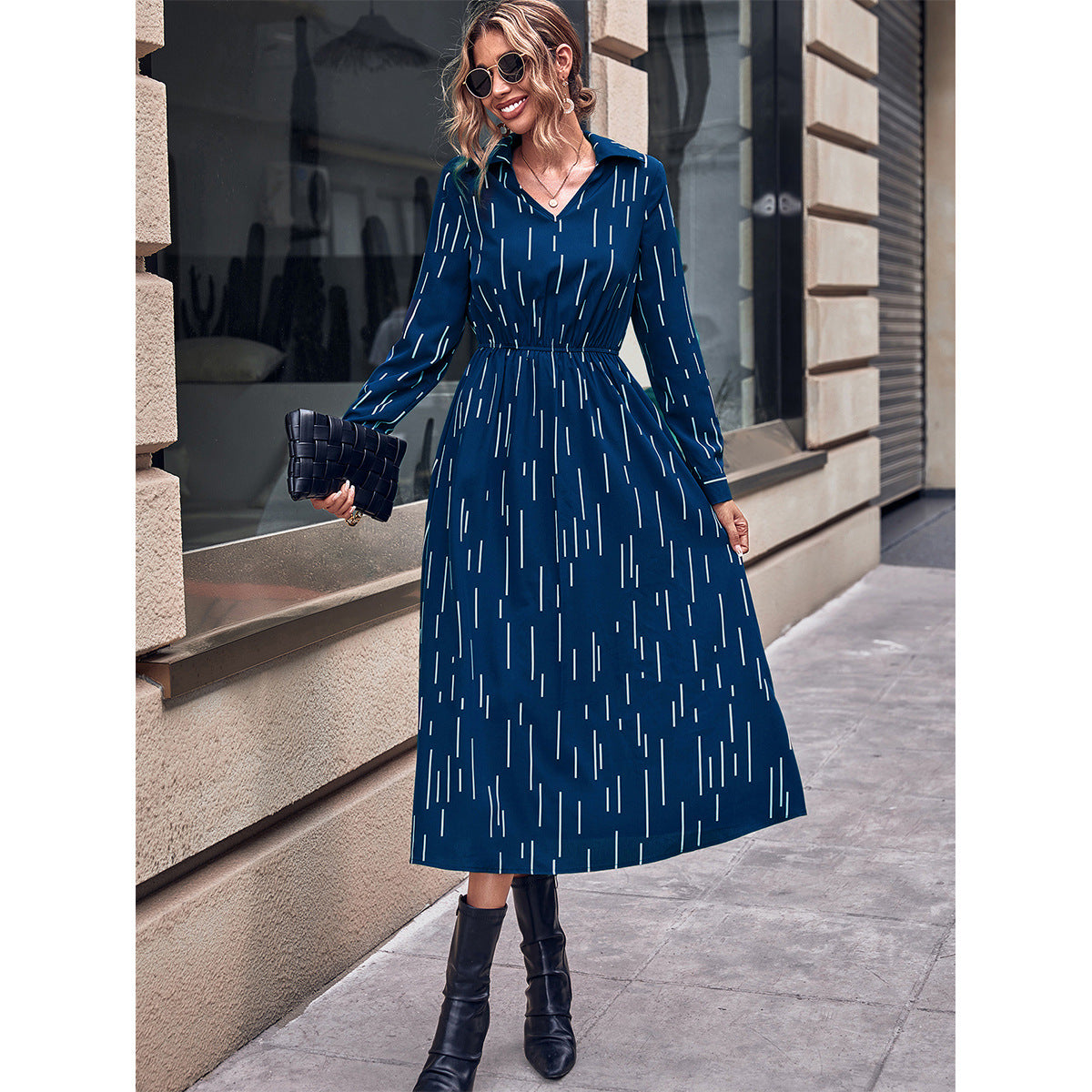 Damen Midi-Kleid Elastisch mit Kragen und Taillenband Eveloria - Eveloria