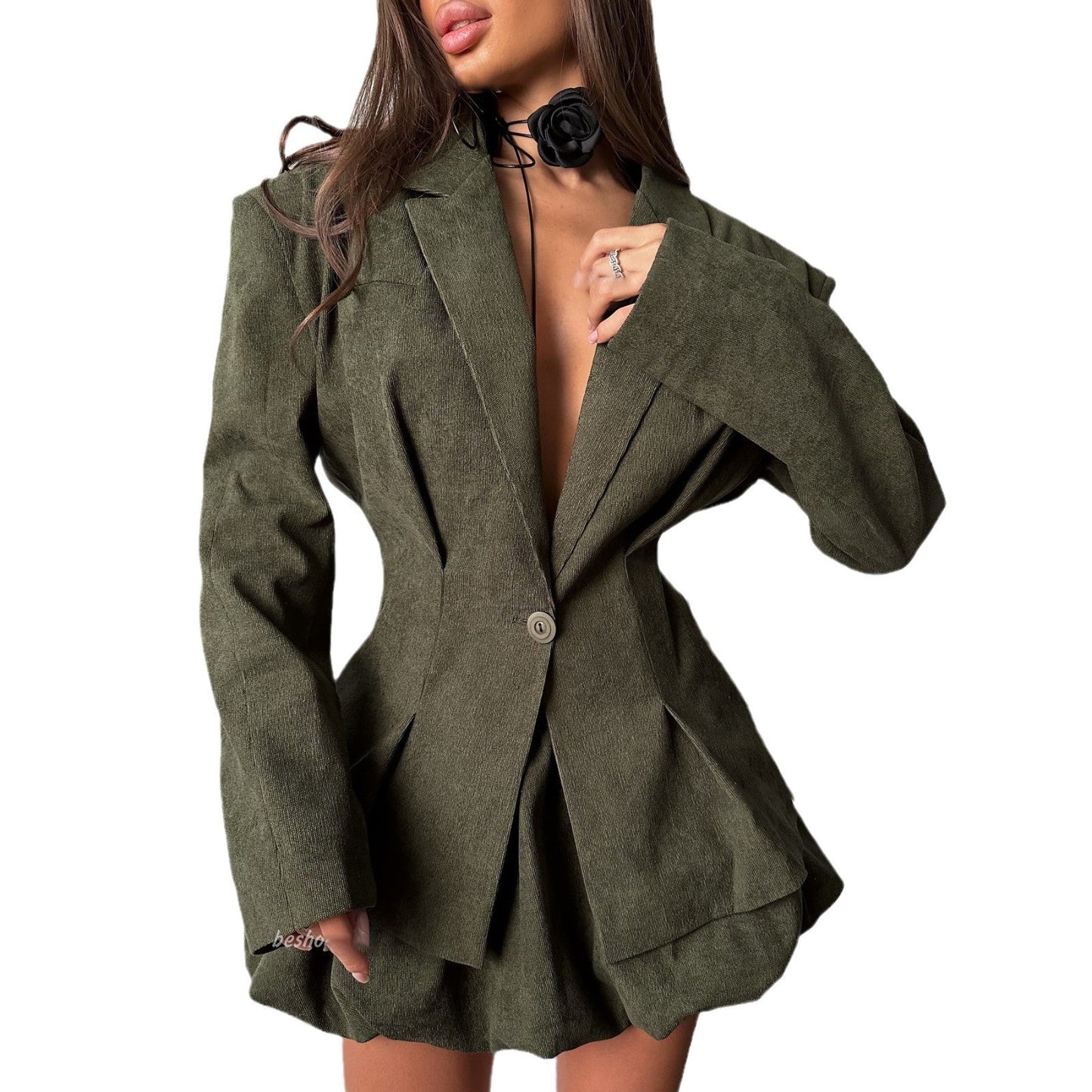 Damen Blazer Strukturiert V-Ausschnitt Eveloria
