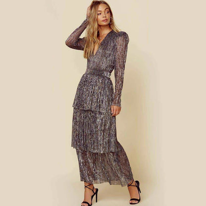 Damen Abendkleid Plissiert Schimmernd Langer Ärmel Eveloria - Eveloria