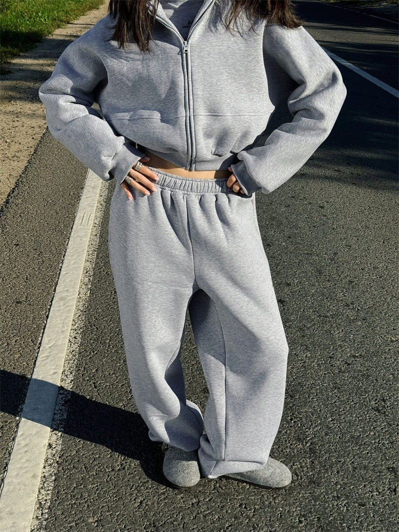 Damen Cropped Sweatjacke und Jogginghose Set Bequem Grau Eveloria