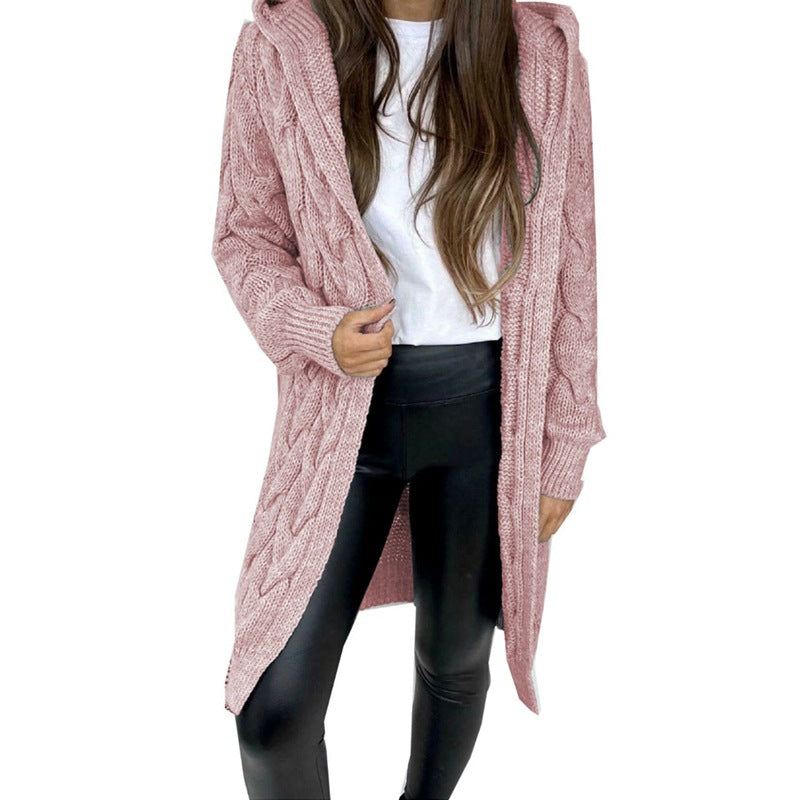 Damen Strickmantel mit Kapuze Kabelmuster Beige
