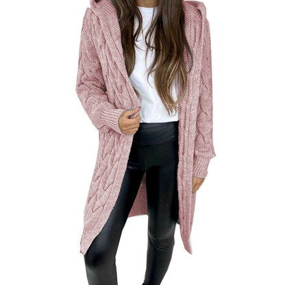 Damen Strickmantel mit Kapuze Kabelmuster Beige