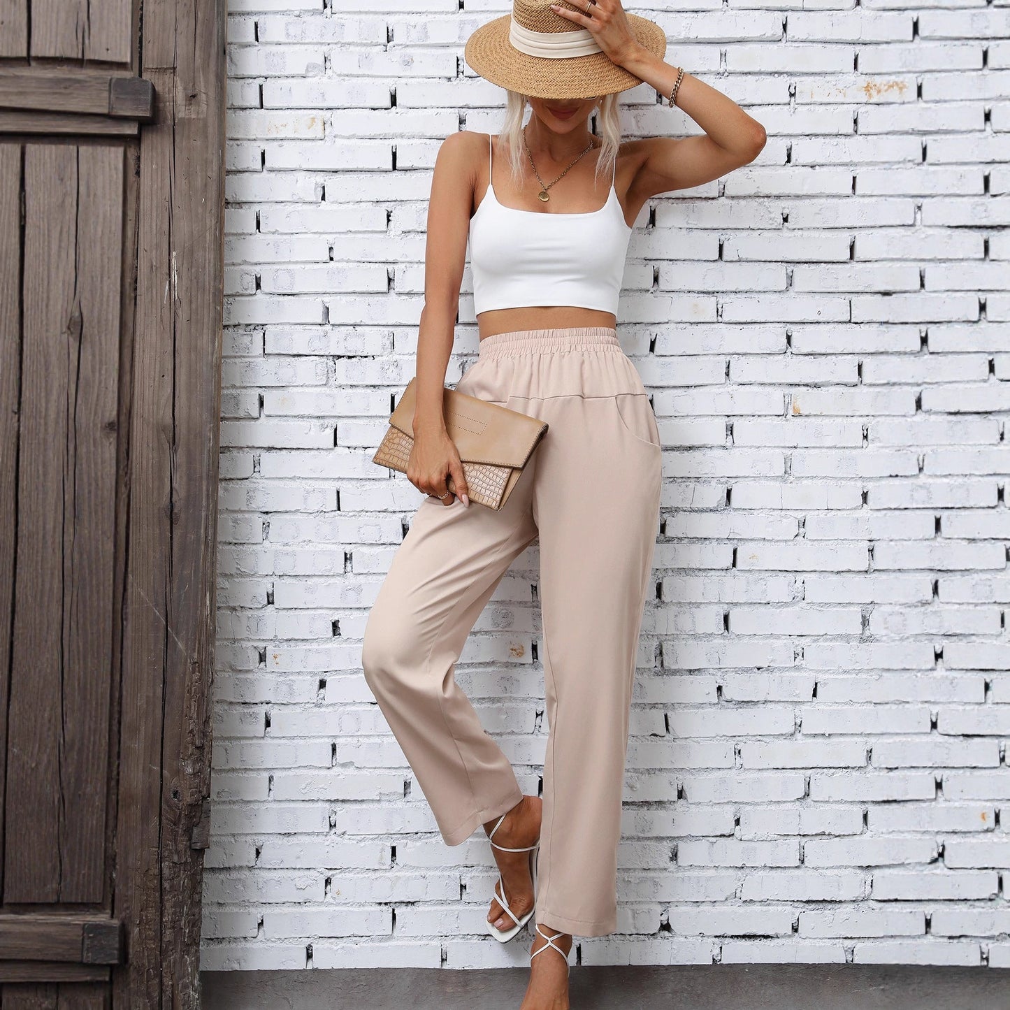 Damen Freizeithose Elastischer Bund Seitentaschen Beige Eveloria