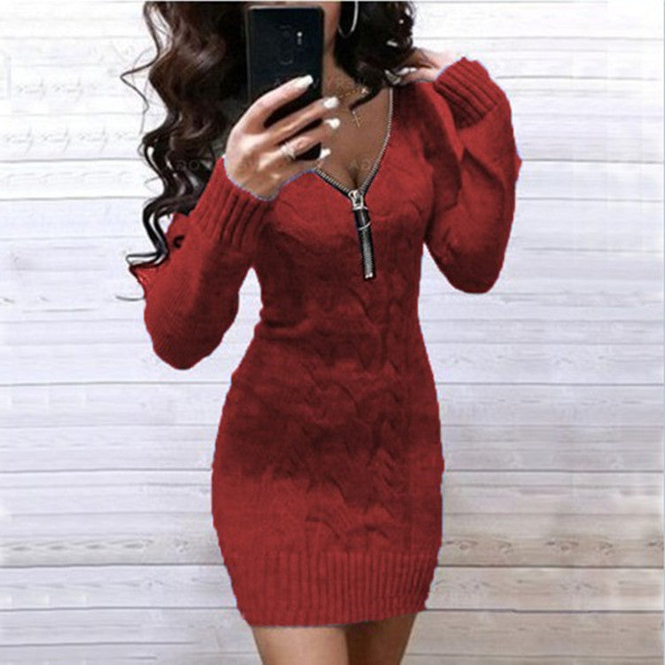 Damen Strickkleid Reißverschluss Muster Eveloria