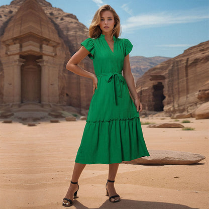 Damen Wickelkleid Midi Elastisch Rüschen Schwarz Eveloria - Eveloria