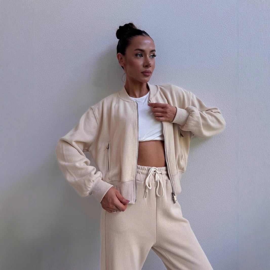 Damen Fleece-Jogginganzug Höher Kragen Eingrifftaschen Grau Eveloria