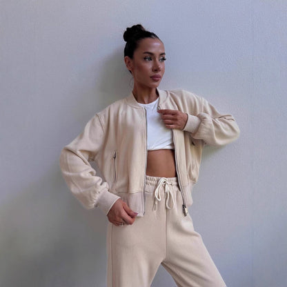 Damen Fleece-Jogginganzug Höher Kragen Eingrifftaschen Grau Eveloria