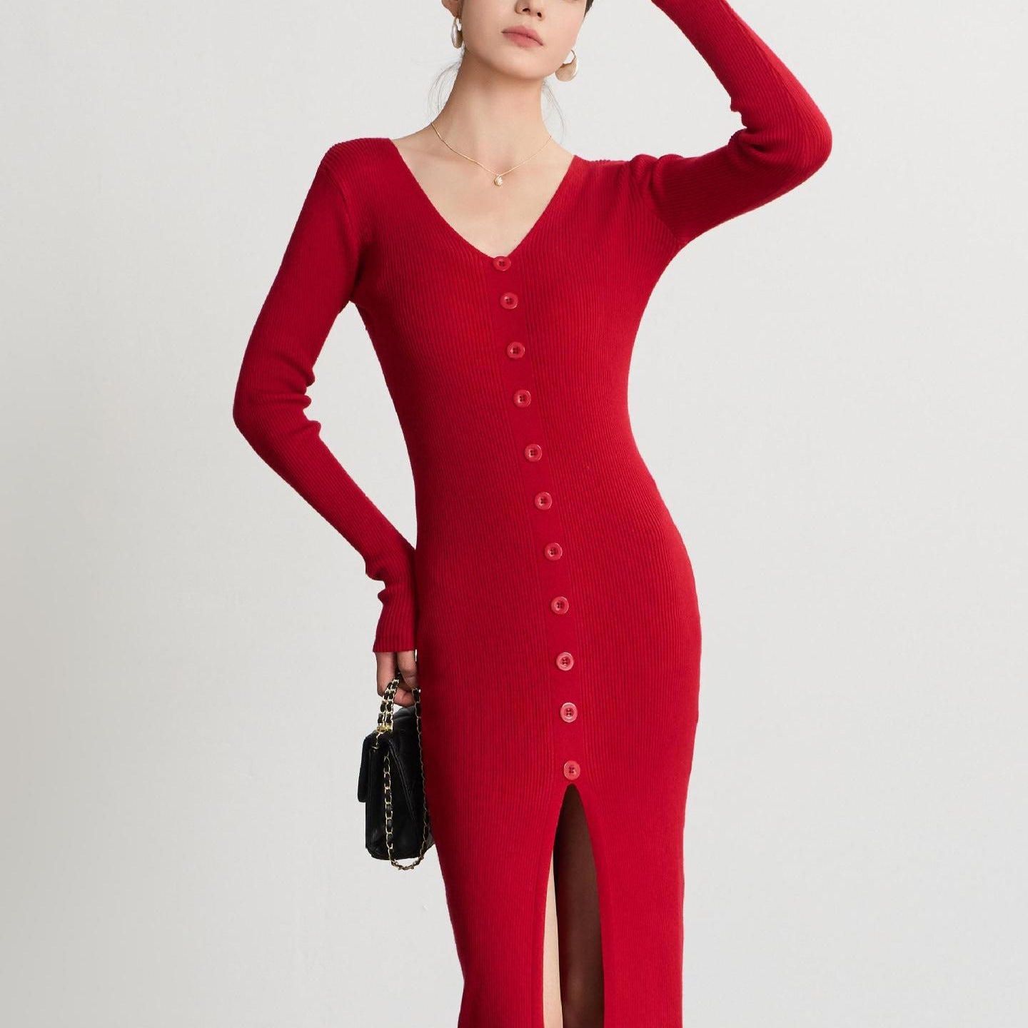 Damen Langarm Strickkleid V-Ausschnitt Durchgehende Knopfleiste