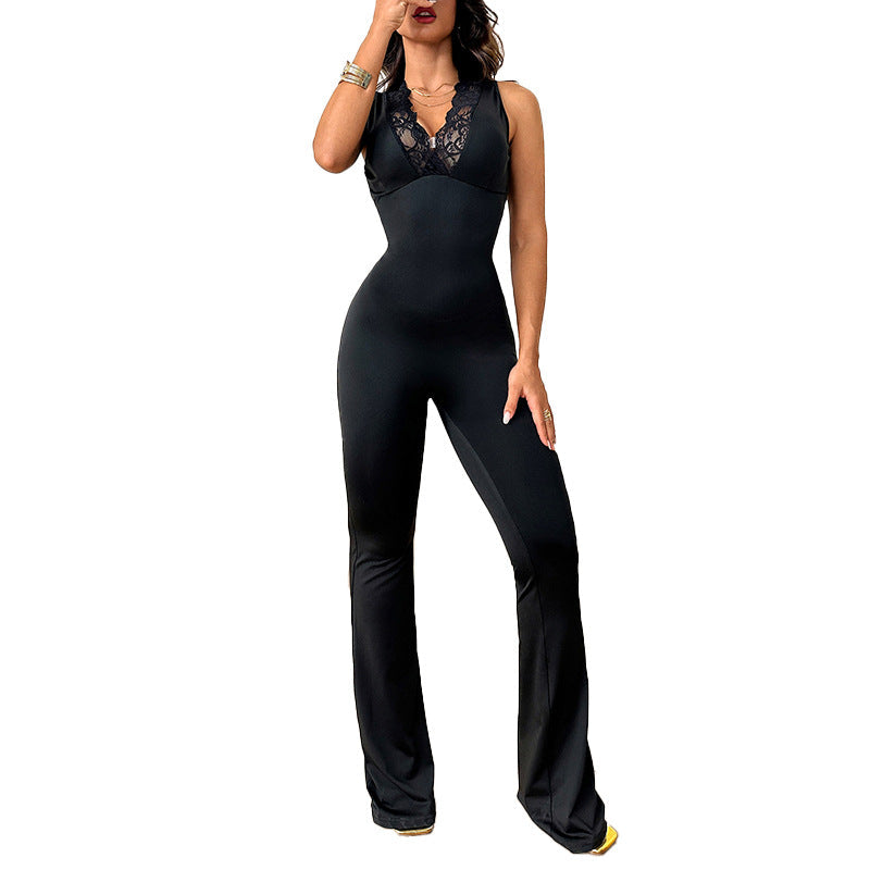 Damen Jumpsuit Spitzenbesatz Ausgestelltes Bein Eveloria