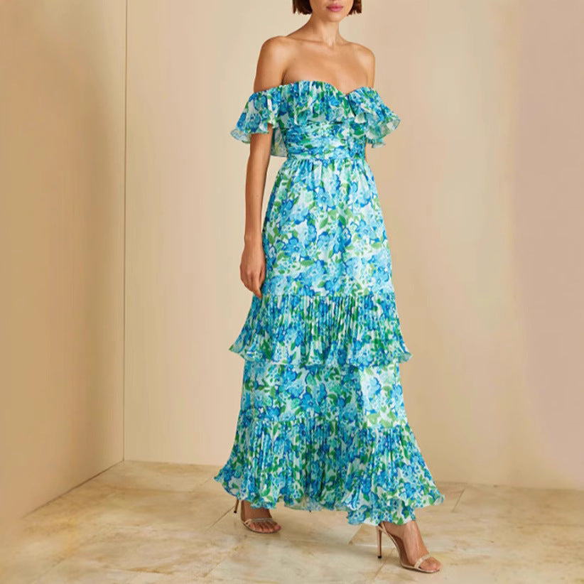 Damen Maxikleid Voluminöse Rüschendetails Floraler Print Eveloria