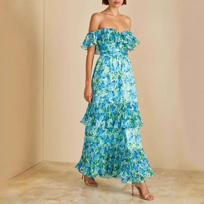 Damen Maxikleid Voluminöse Rüschendetails Floraler Print Eveloria
