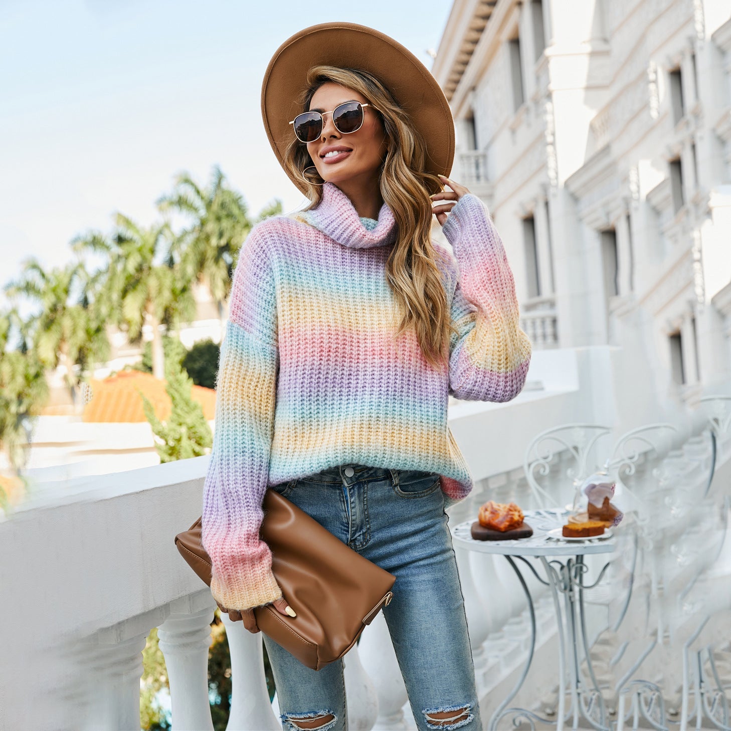 Damen Pullover Weitem Rollkragen Bunt Wellenmuster - Eveloria