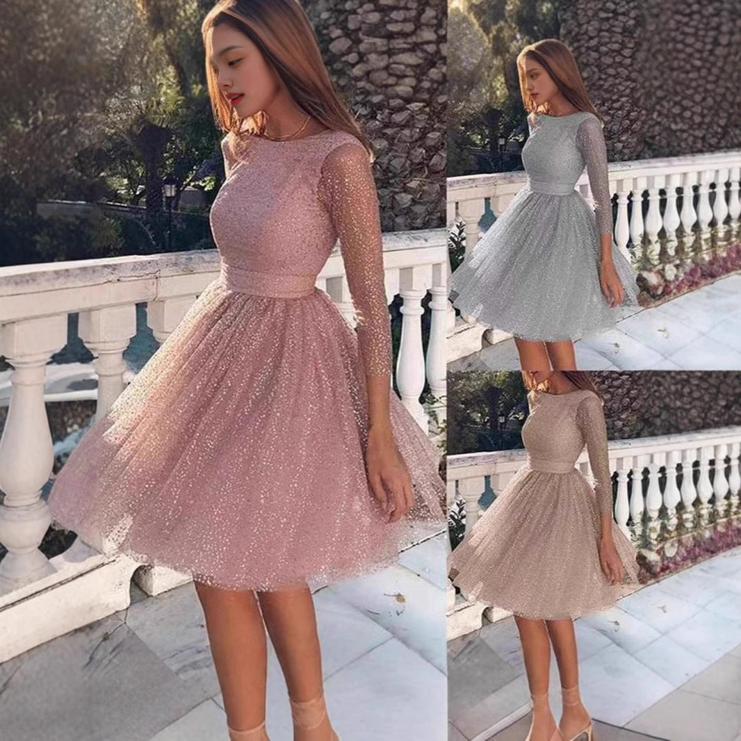Damen Tüllkleid Langärmlig Glitzernd Eveloria