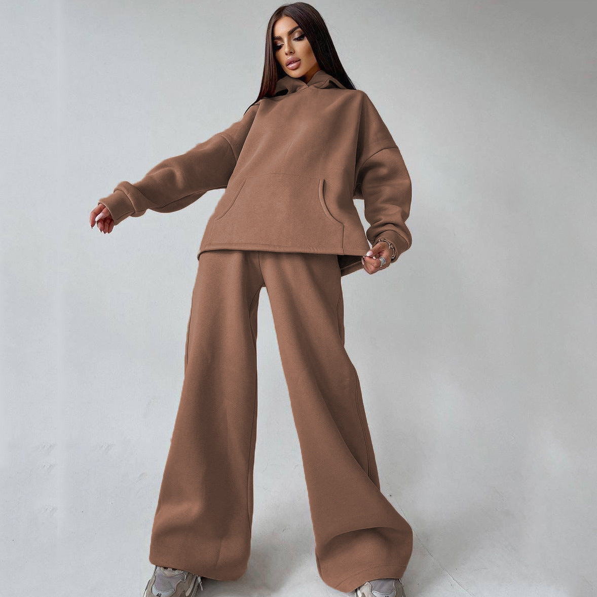 Damen Hoodie Set Relaxed Fit Sweatpants Baumwolle Beige