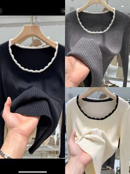 Damen Pulli Feinripp Wellenabschluss Beige