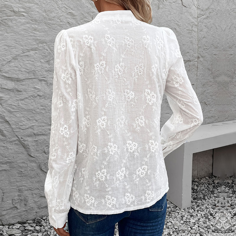 Damen Bluse Florales Stickdesign Puffärmel Elegant
