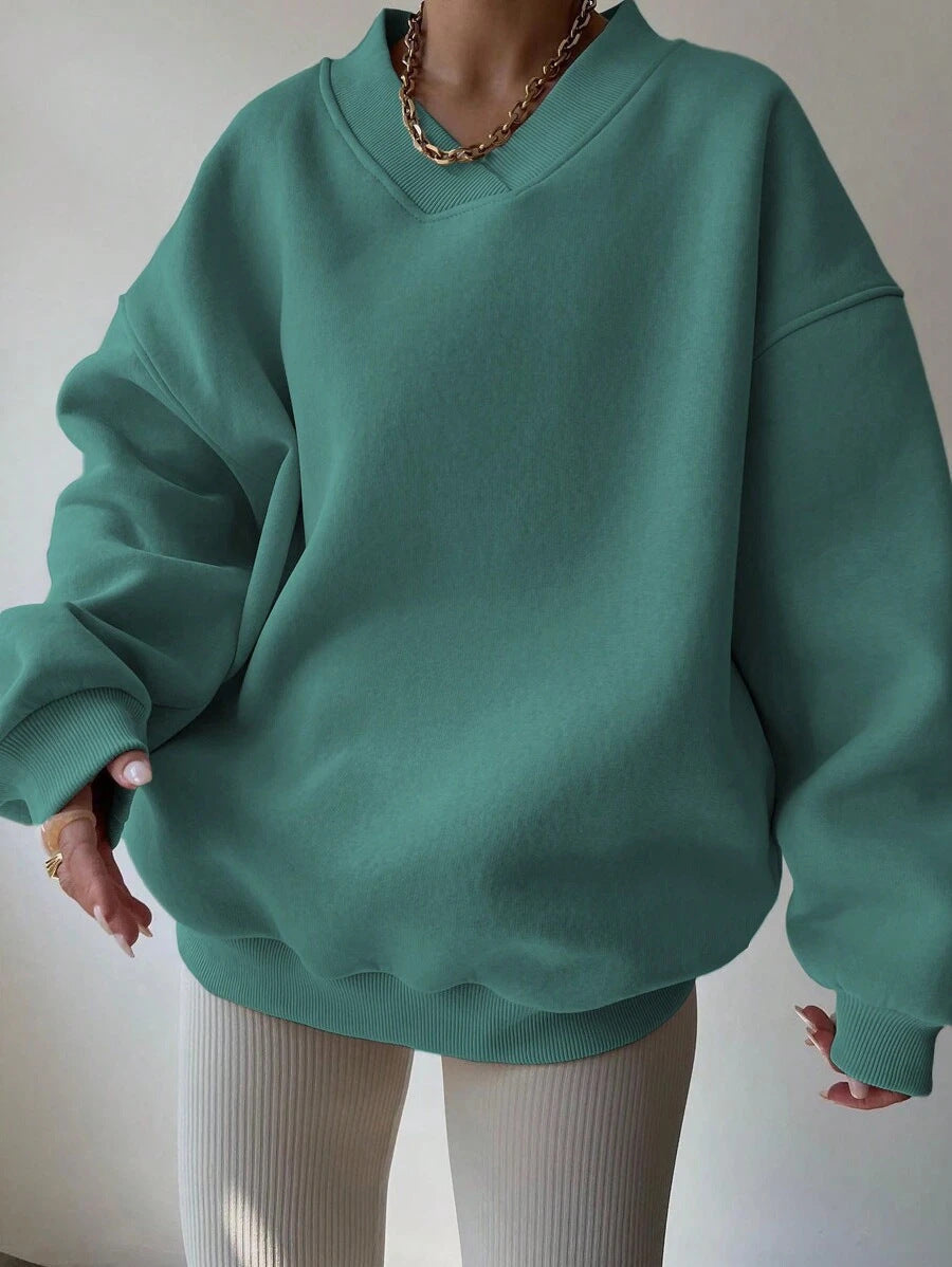 Damen Oversized Sweatshirt V-Ausschnitt Breiter Bund Eveloria